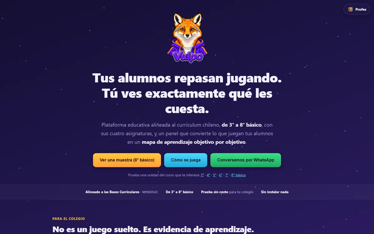 Portada de vulpo.cl, plataforma educativa de 3° a 8° básico